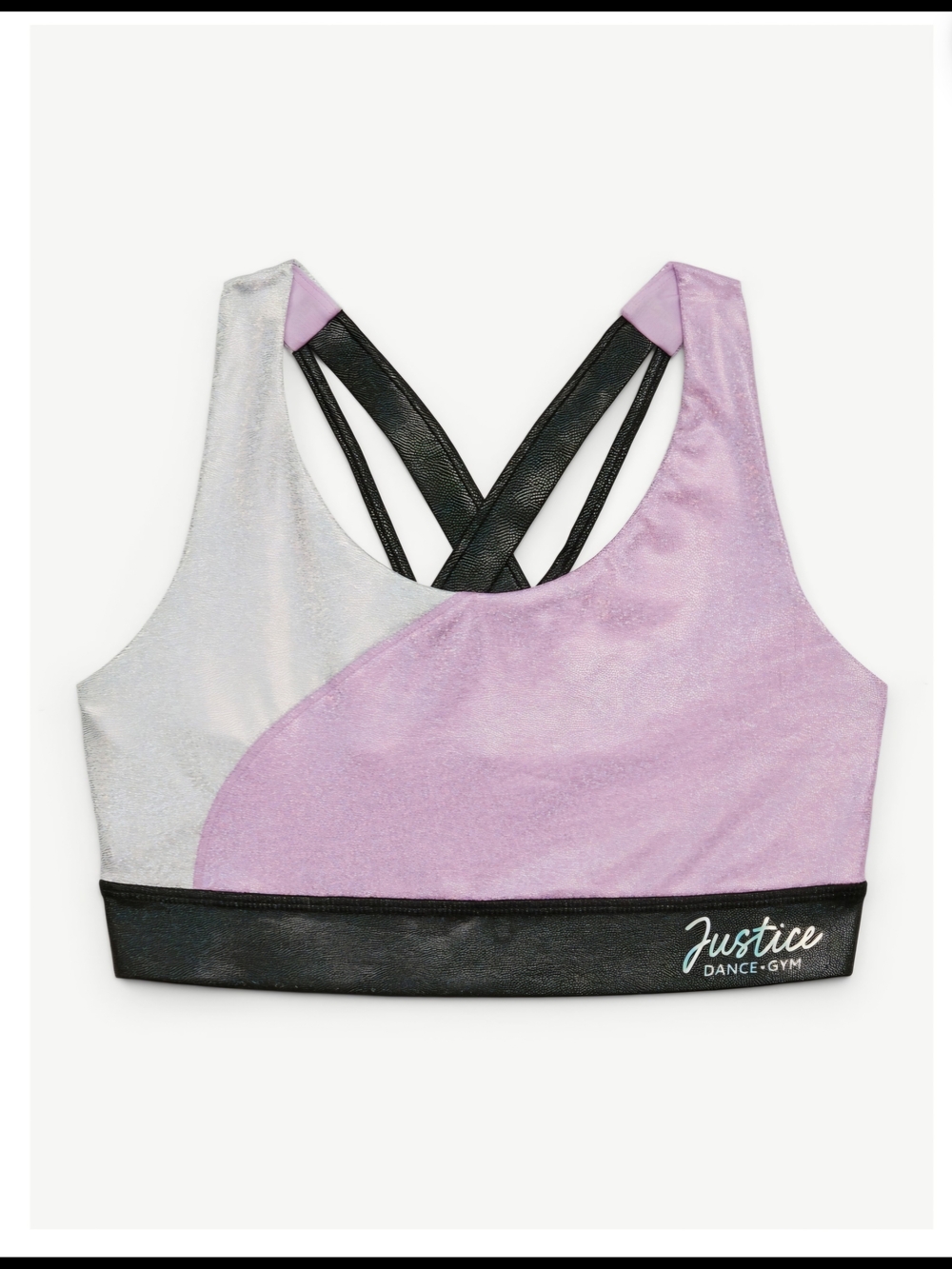 NWT Justice Girls Strappy Back Sports Bra Metallic Lavender Silver Size S (7/8)